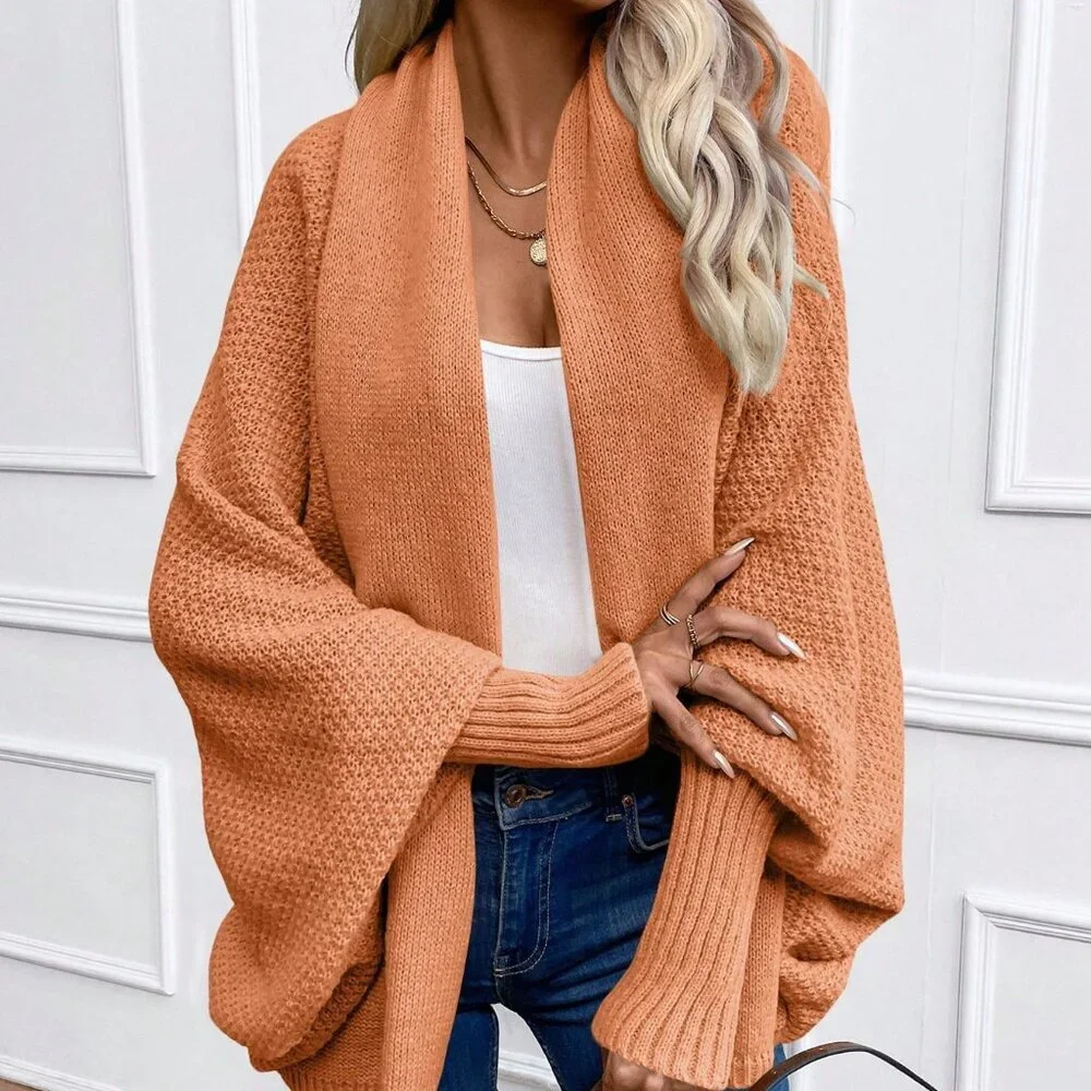 Orange Casual Women's Solid Color Bat Wing Sleeve Loose Open Front Cardigan - Picture 3 of 6